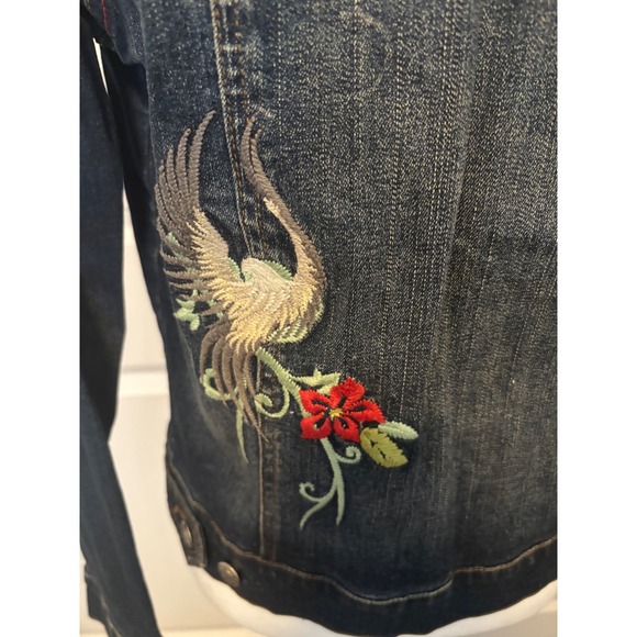 Harley Davidson Womens Denim Jacket‎ Embroidered Flowers Bird Red Script Size S - Picture 6 of 8